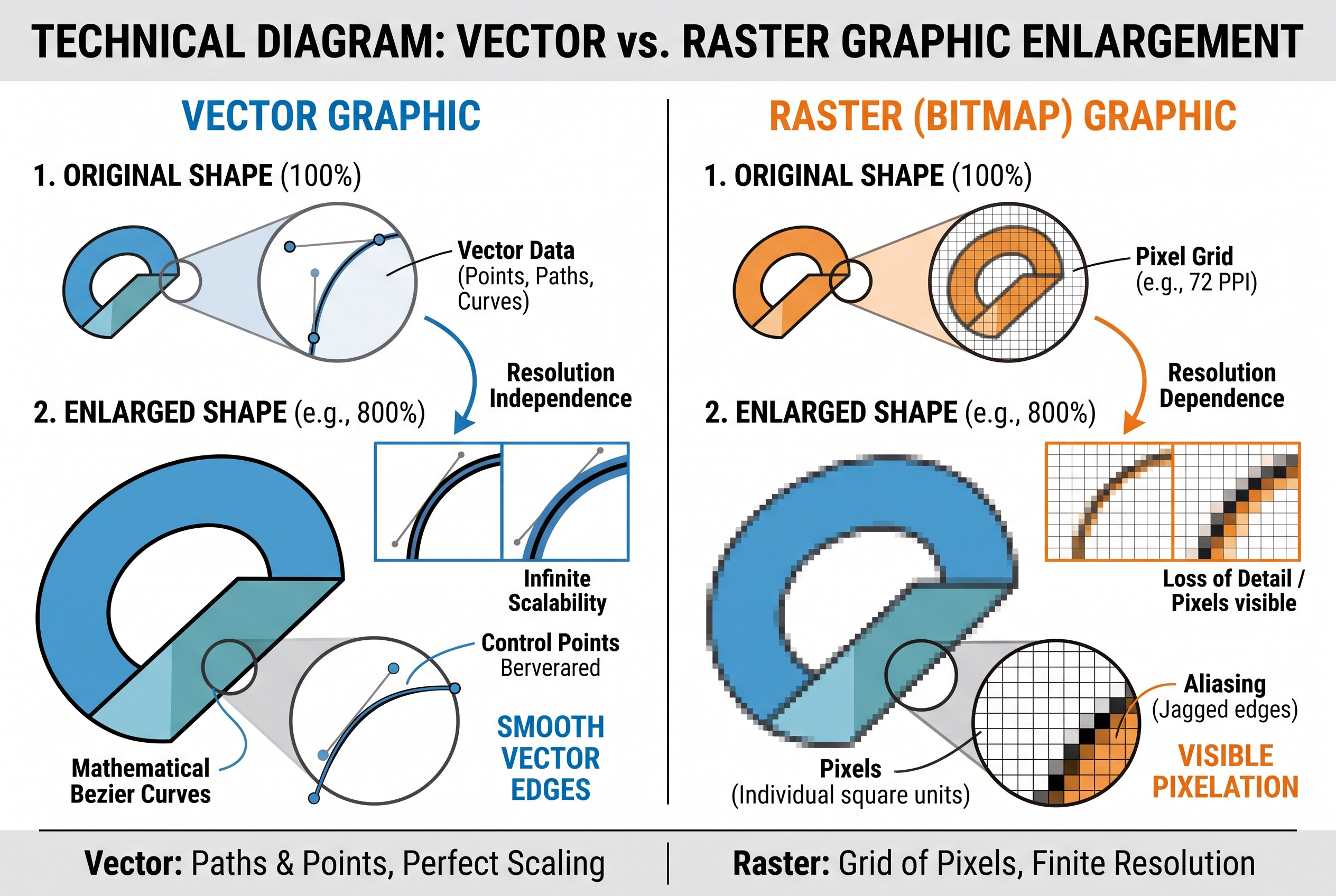 Two enlarged versions of a shape, one smooth and one pixelated.