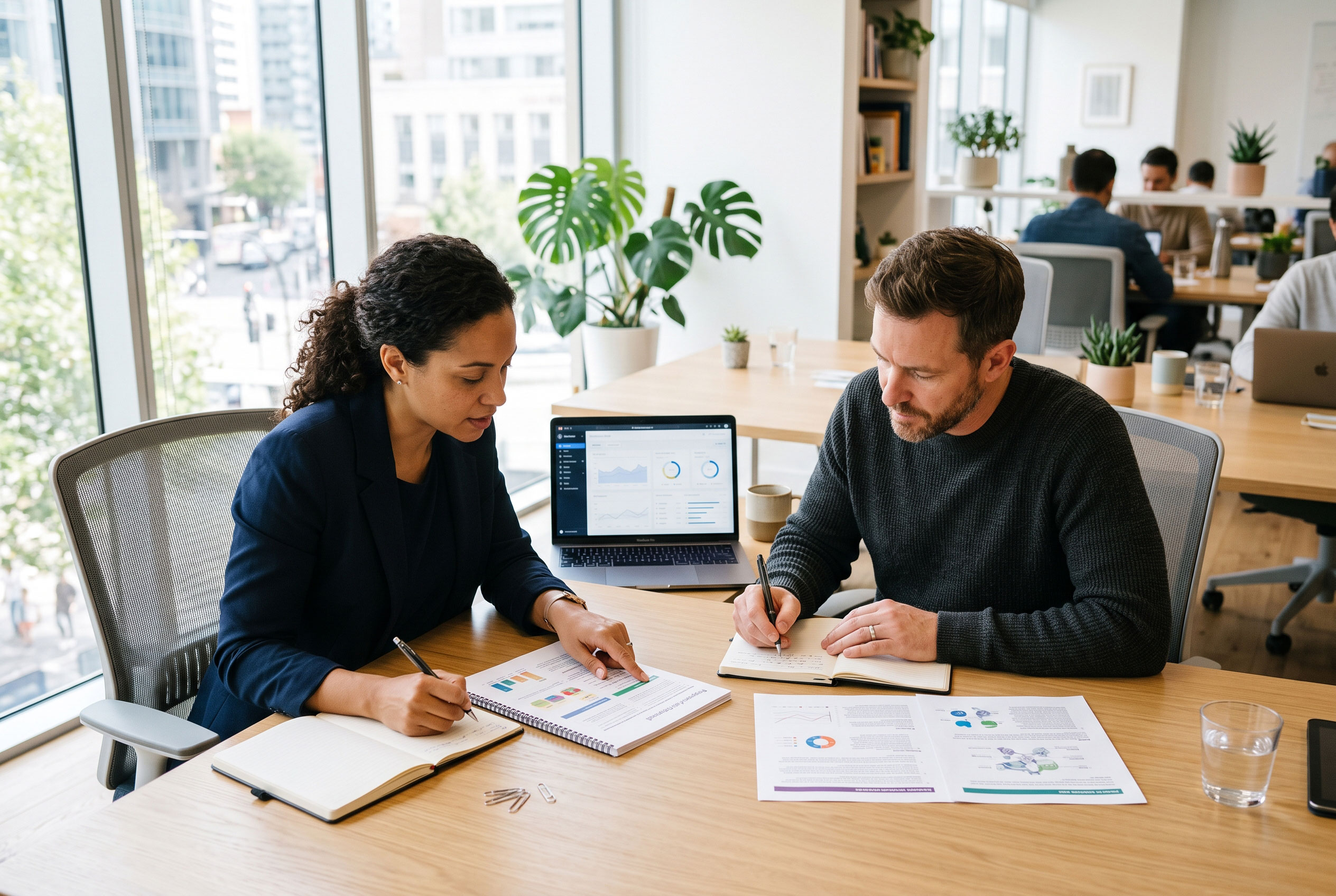 Two people comparing printed website proposals at a meeting table