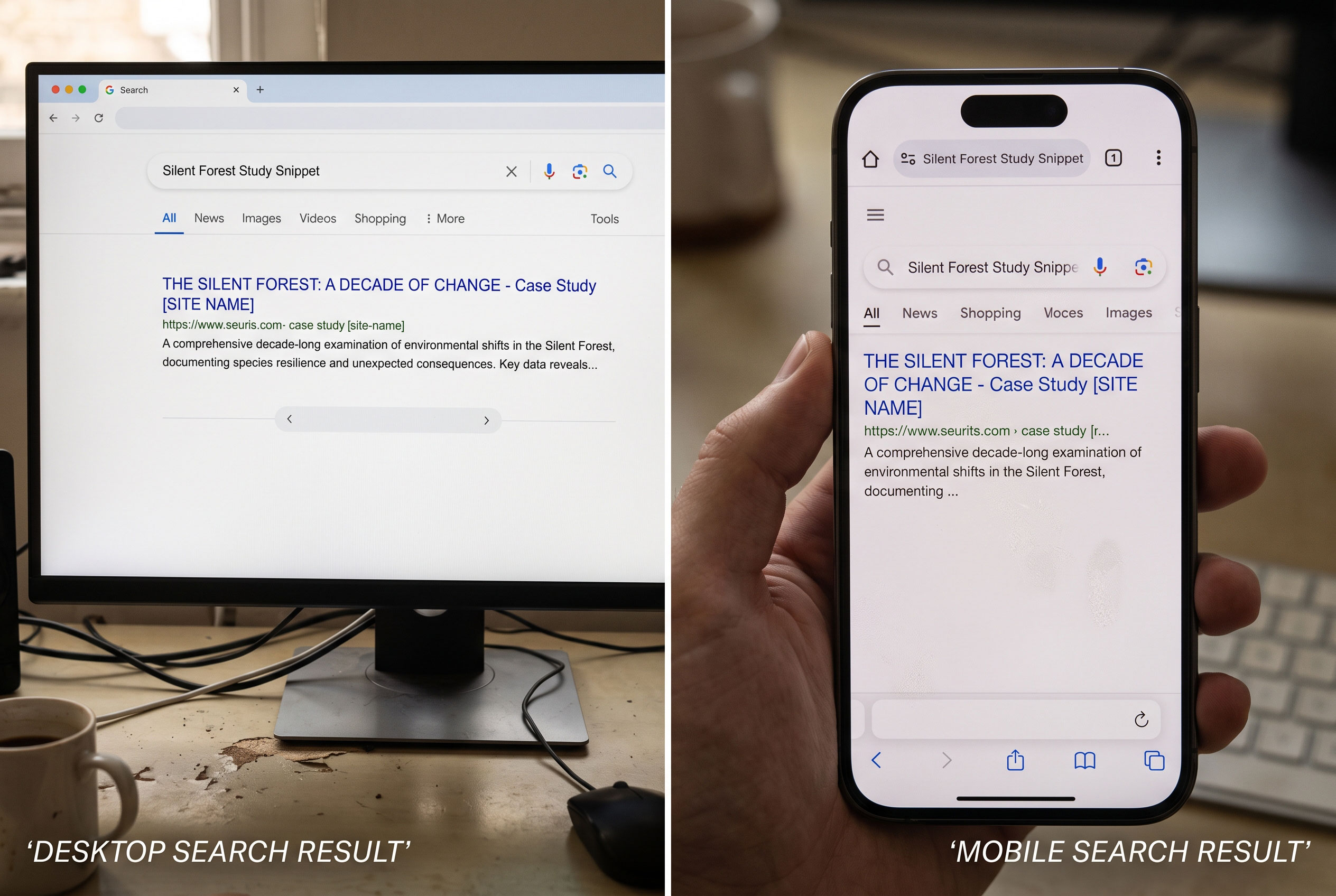 Two search result mockups showing the same snippet cut off at different lengths.