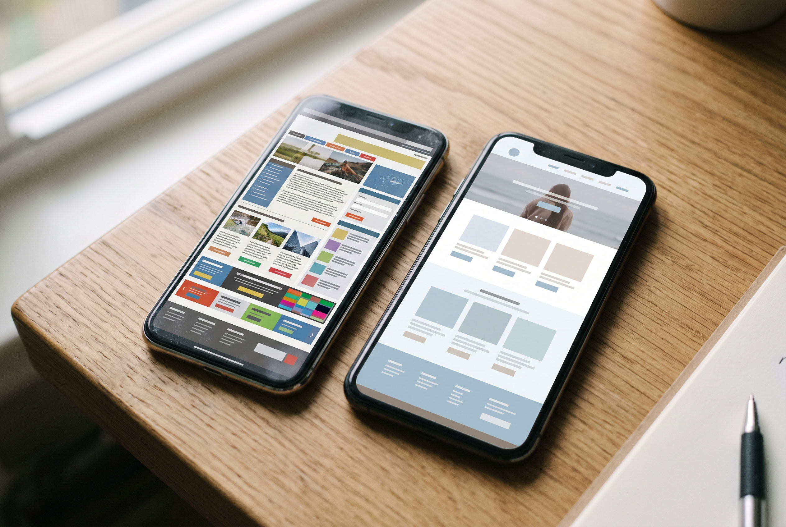 Two smartphones comparing a cluttered website design with a clean, professional layout