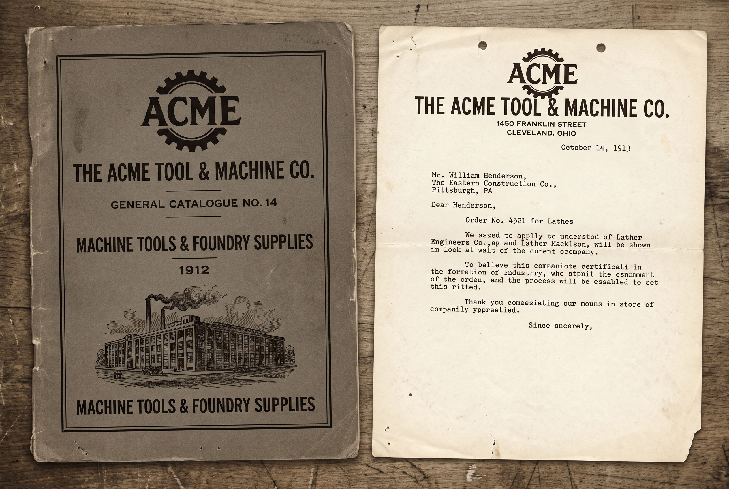 Vintage catalog cover and letterhead sharing the same typeface and emblem.