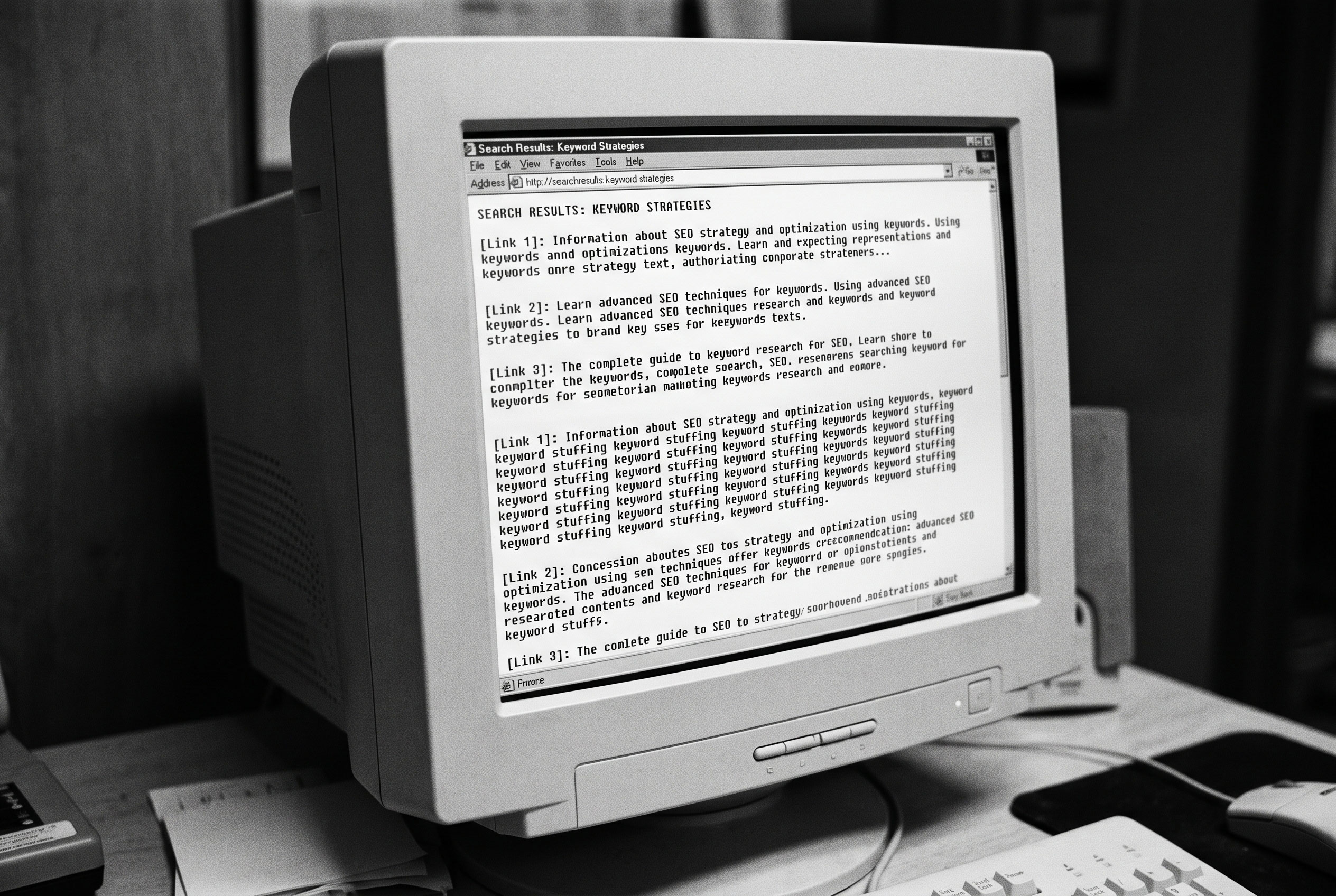 Vintage coVintage computer monitor displaying a simple, text-dense webpage from the early 2000smputer monitor