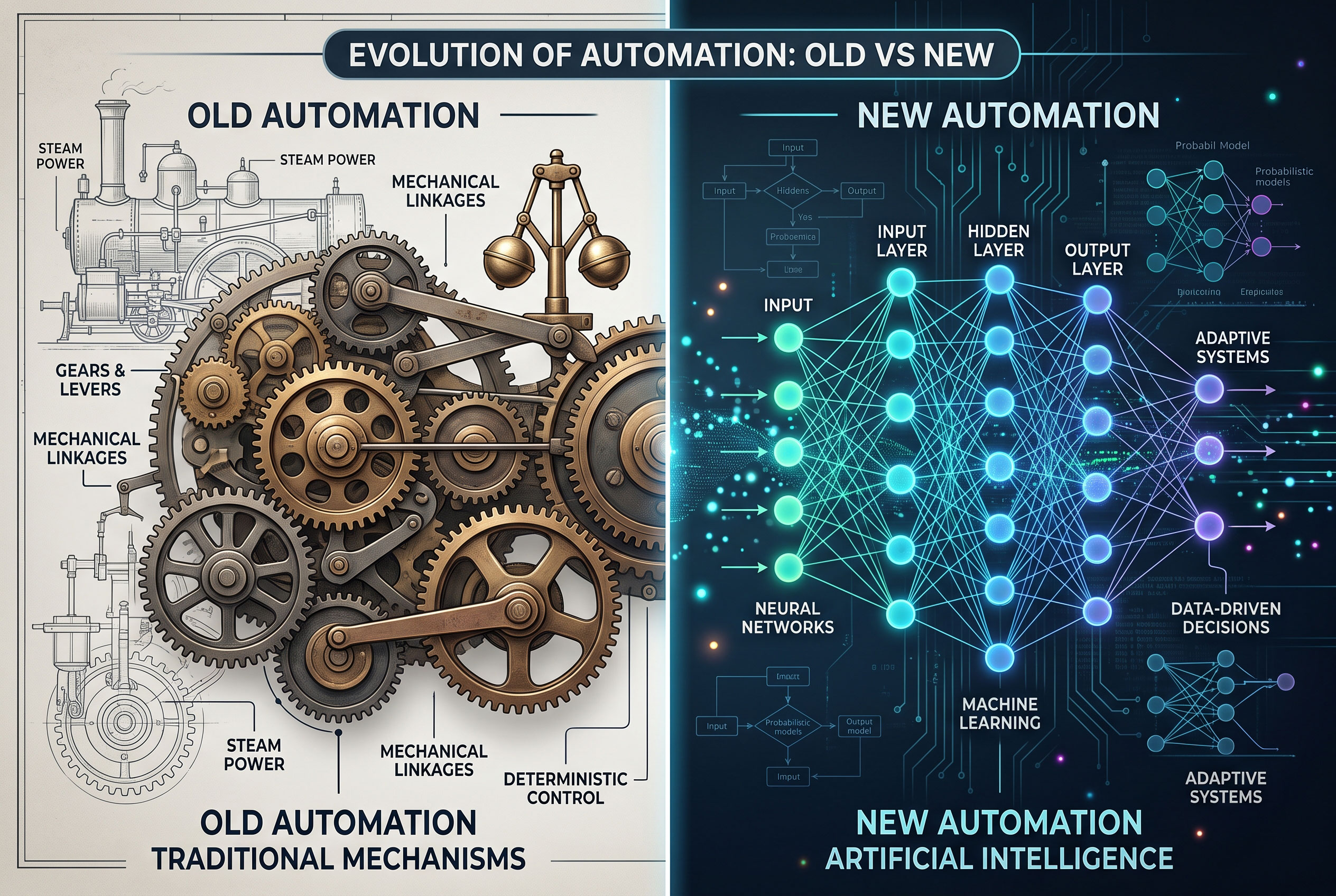 Visual comparison of traditional automation and AI automation