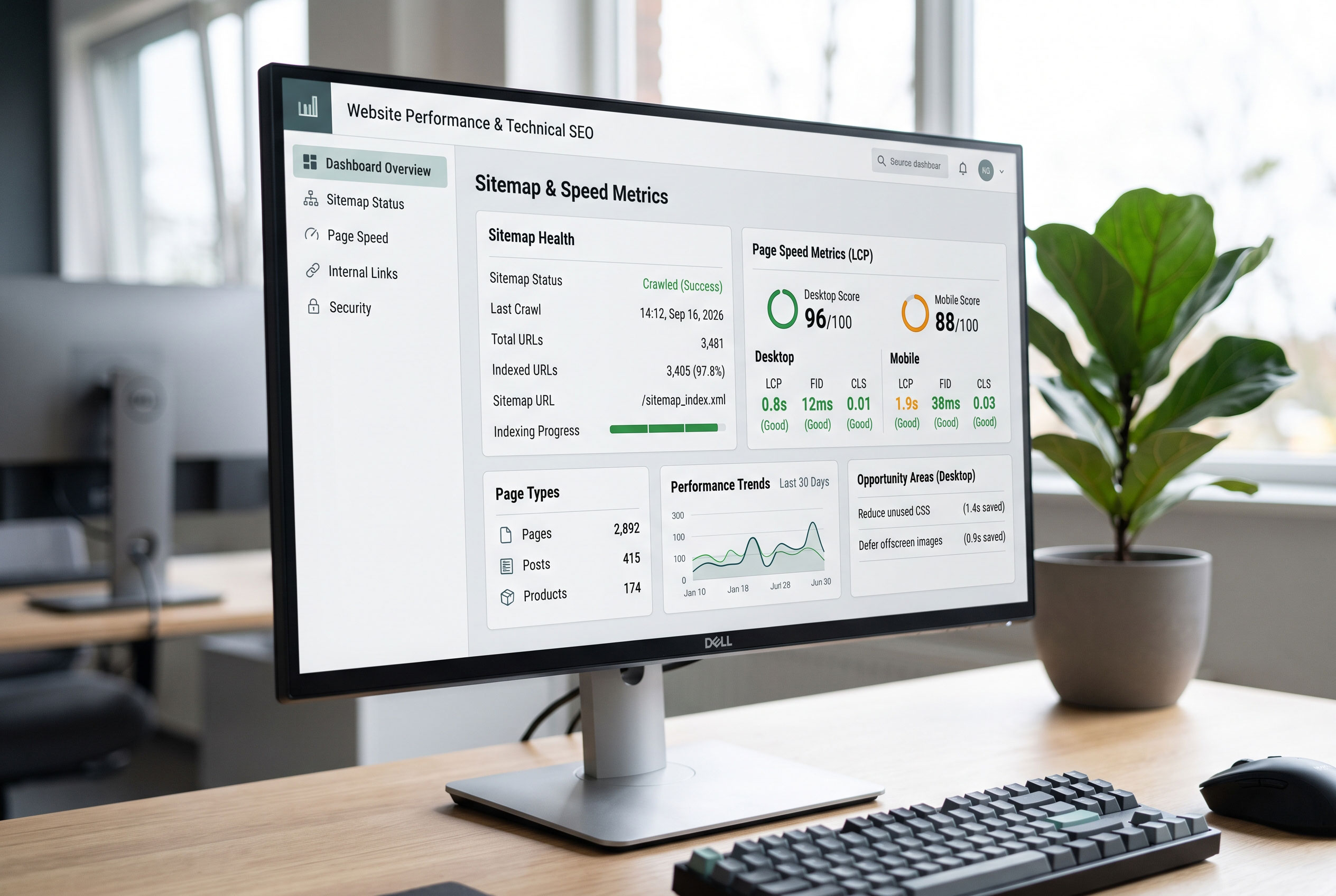 Website dashboard displaying sitemap and page speed metrics