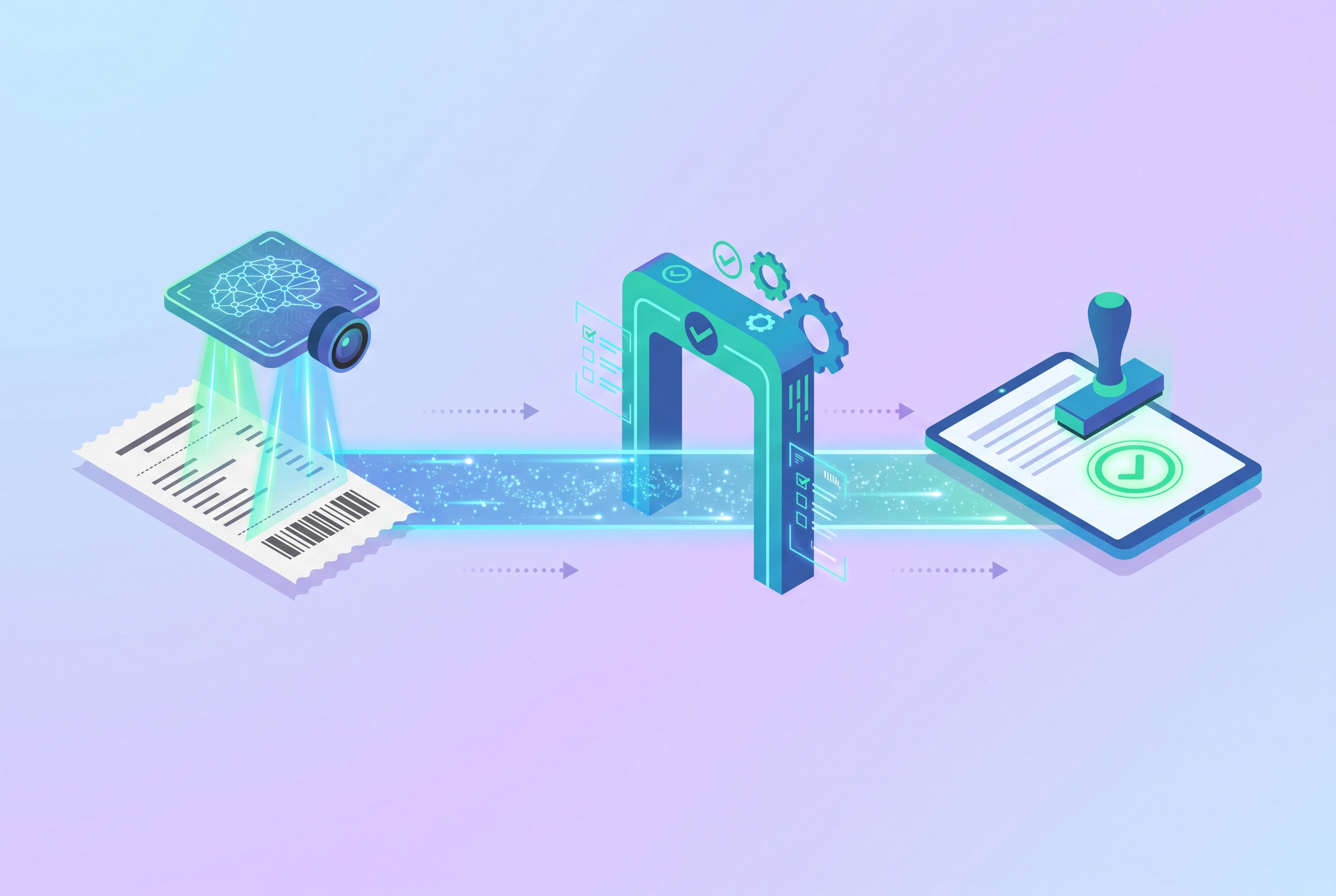 Workflow graphic of AI reading a receipt followed by a rule-based approval check