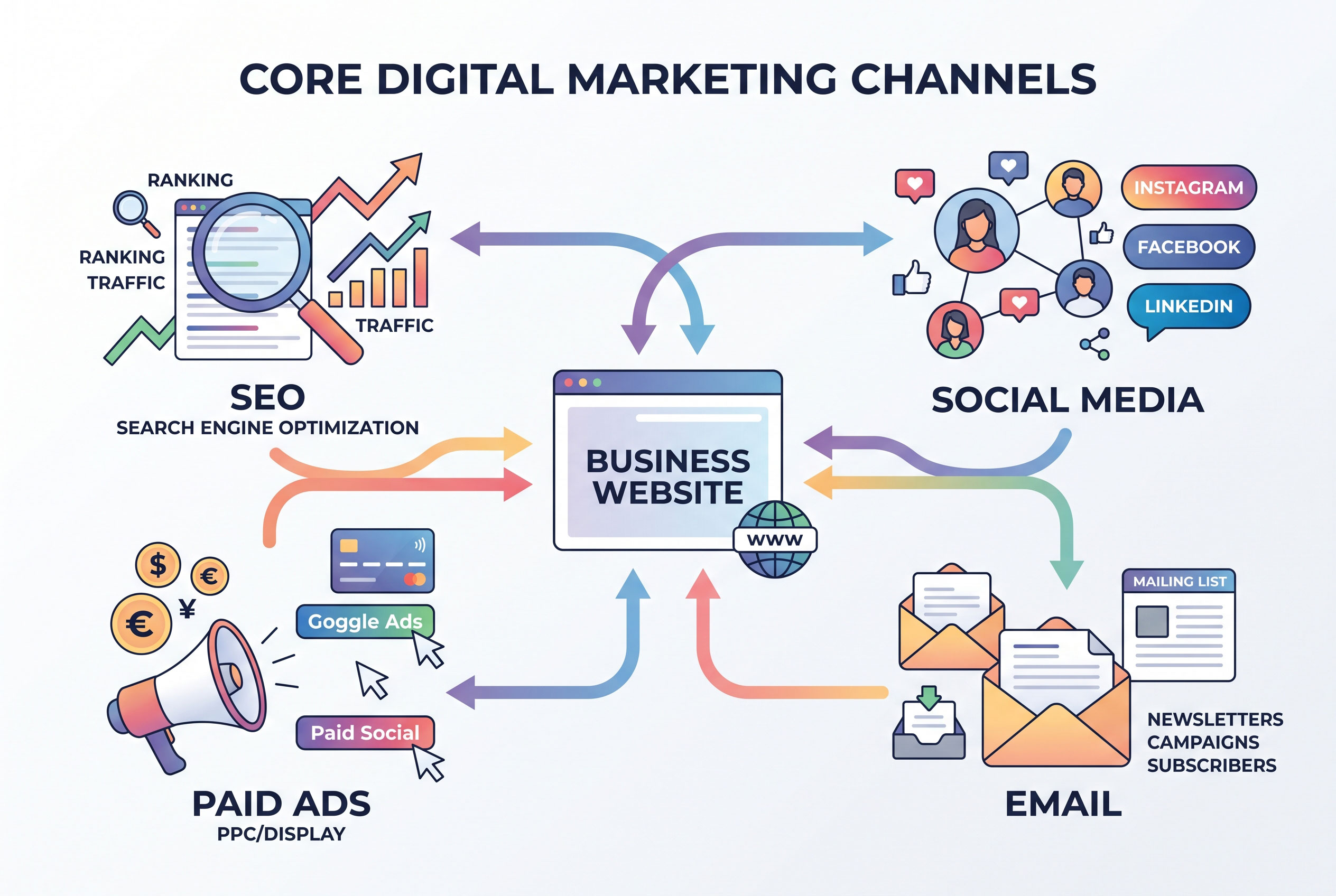 Illustration showing how SEO, social media, email, and paid ads connect to a business website